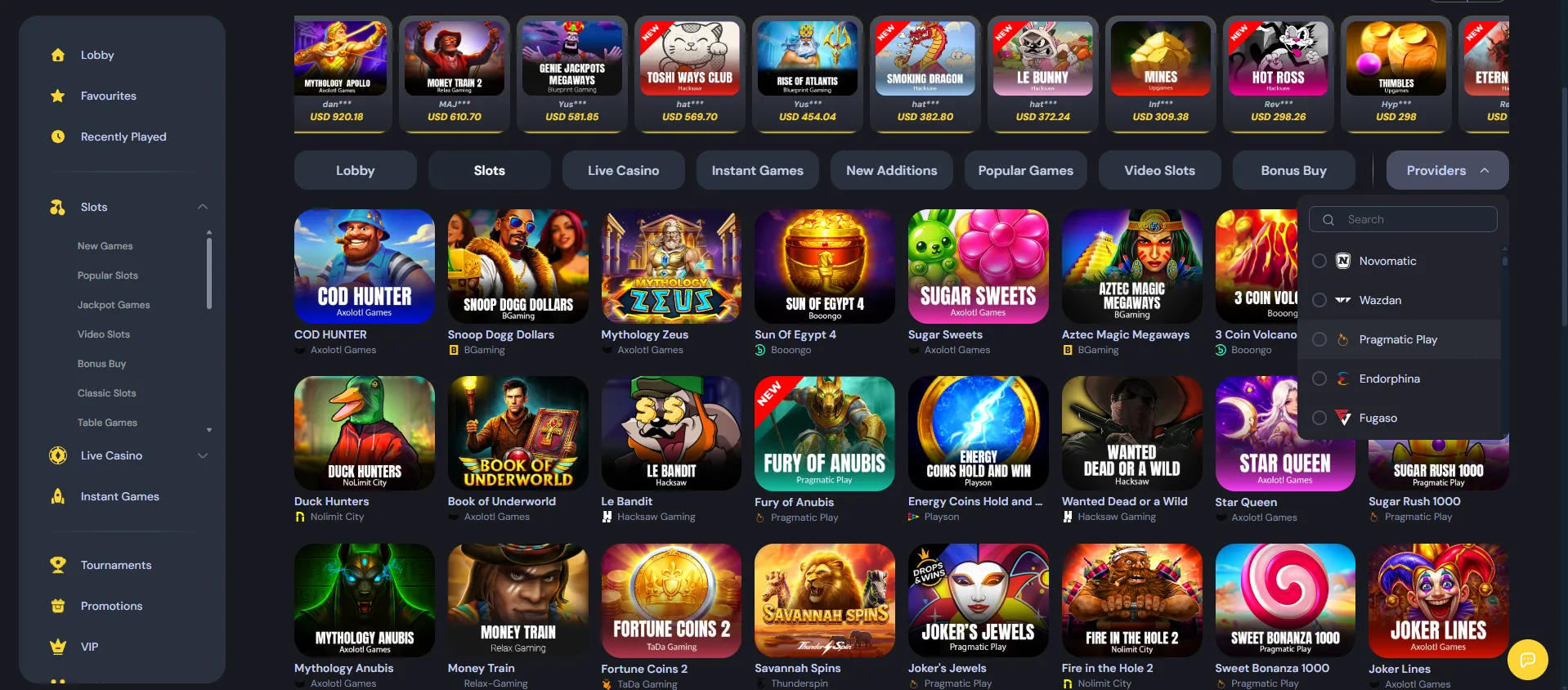 Cocobet game lobby with the provider filter open