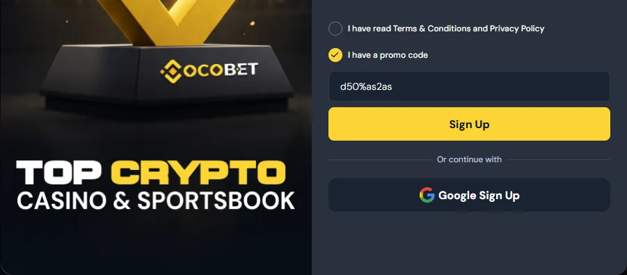 Promo code checkbox ticked during Cocobet registration
