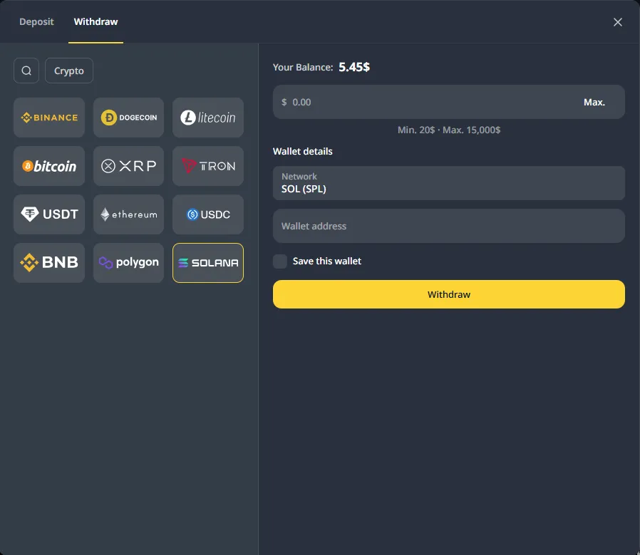 Cocobet withdrawal page with wallet details