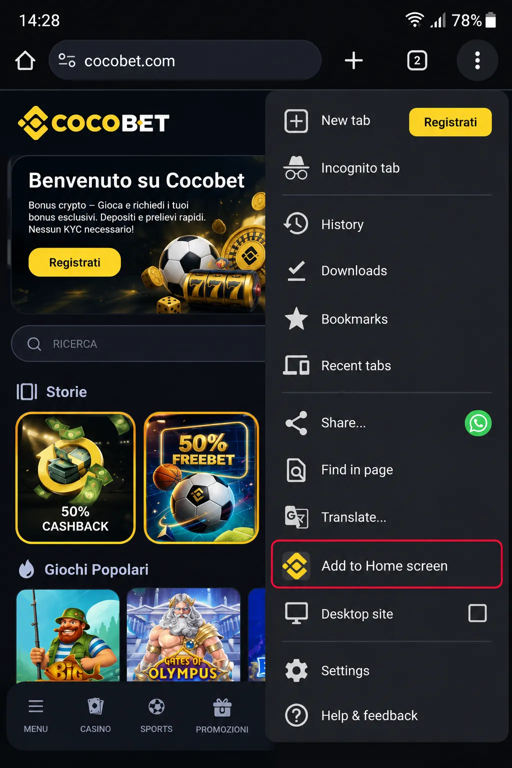 Adding Cocobet to the Android home screen from the browser menu